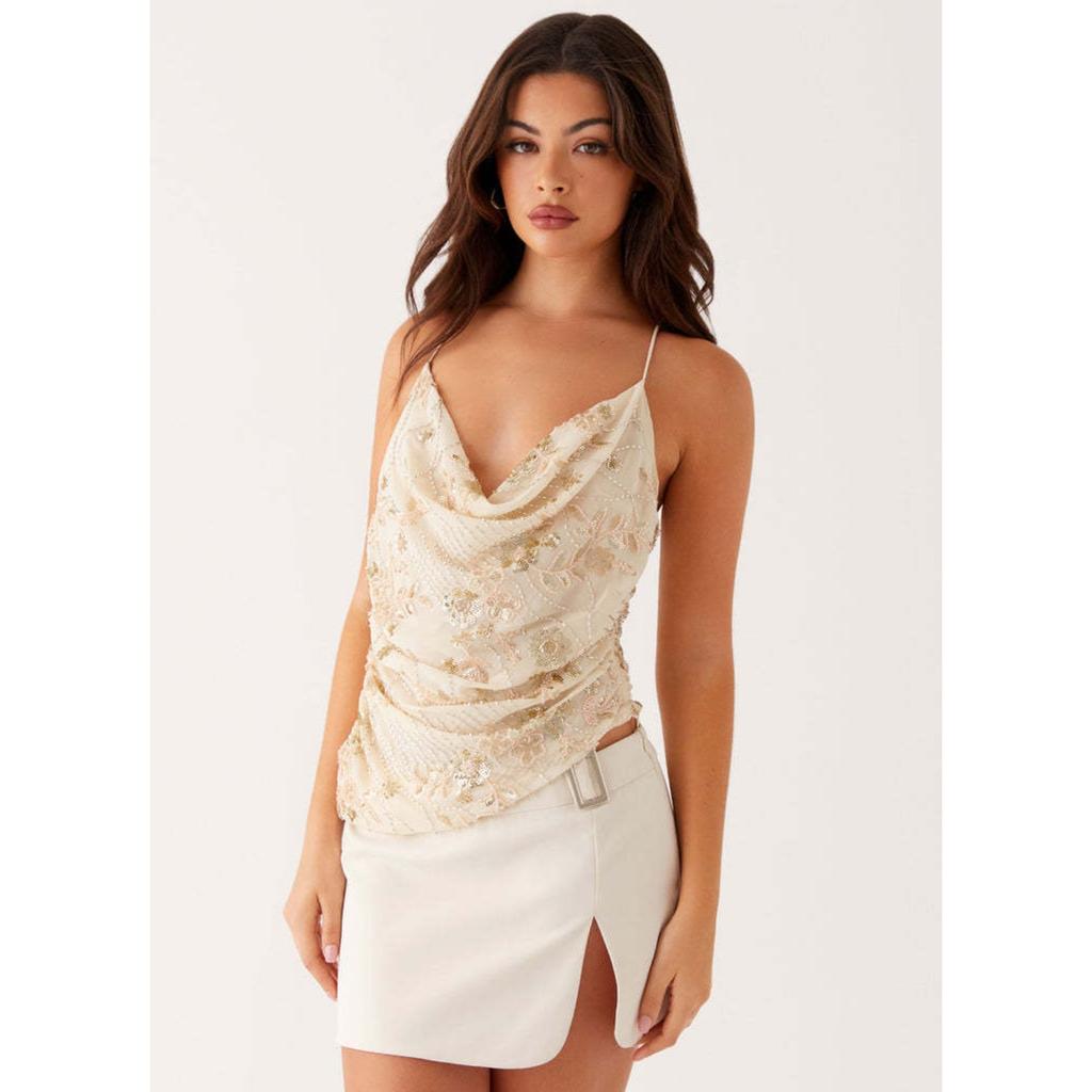 Women's Sleeveless Slim Fit Crop Top Floral Beaded Backless Tie Strappy Cami