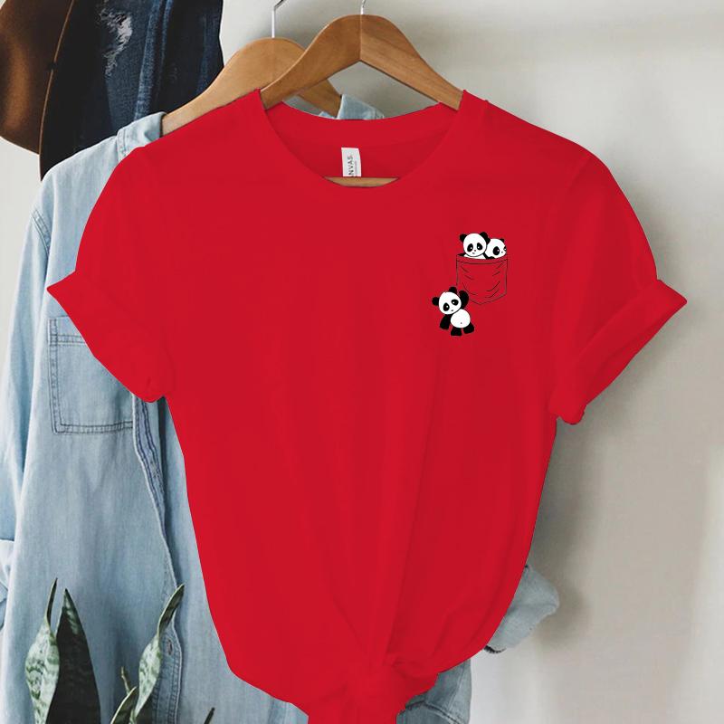 New Women Short Sleeve Top Summer New Pocket Panda Cartoon Printed T-shirt Korean Fashion Women Tops Loose Round Neck T Shirt