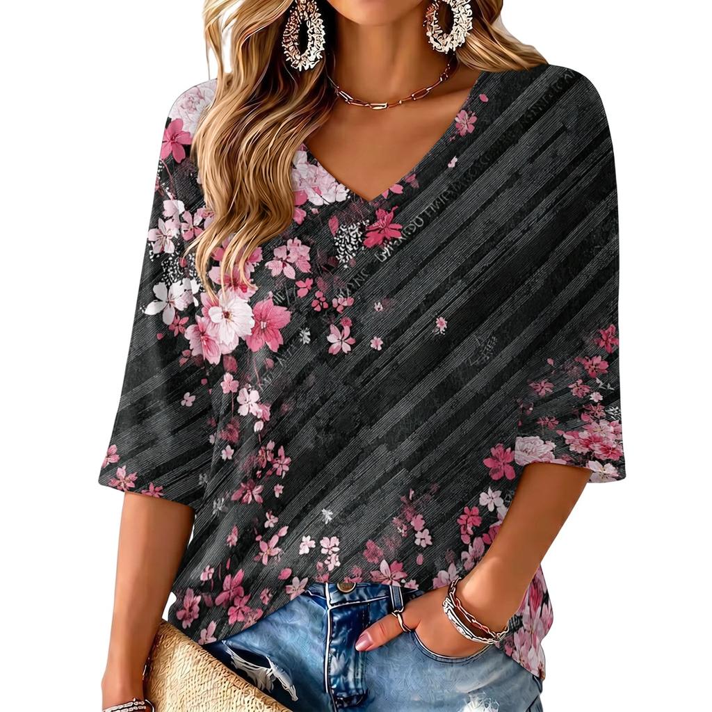 Women's V-Neck Print Lightweight Blouse for Spring and Summer