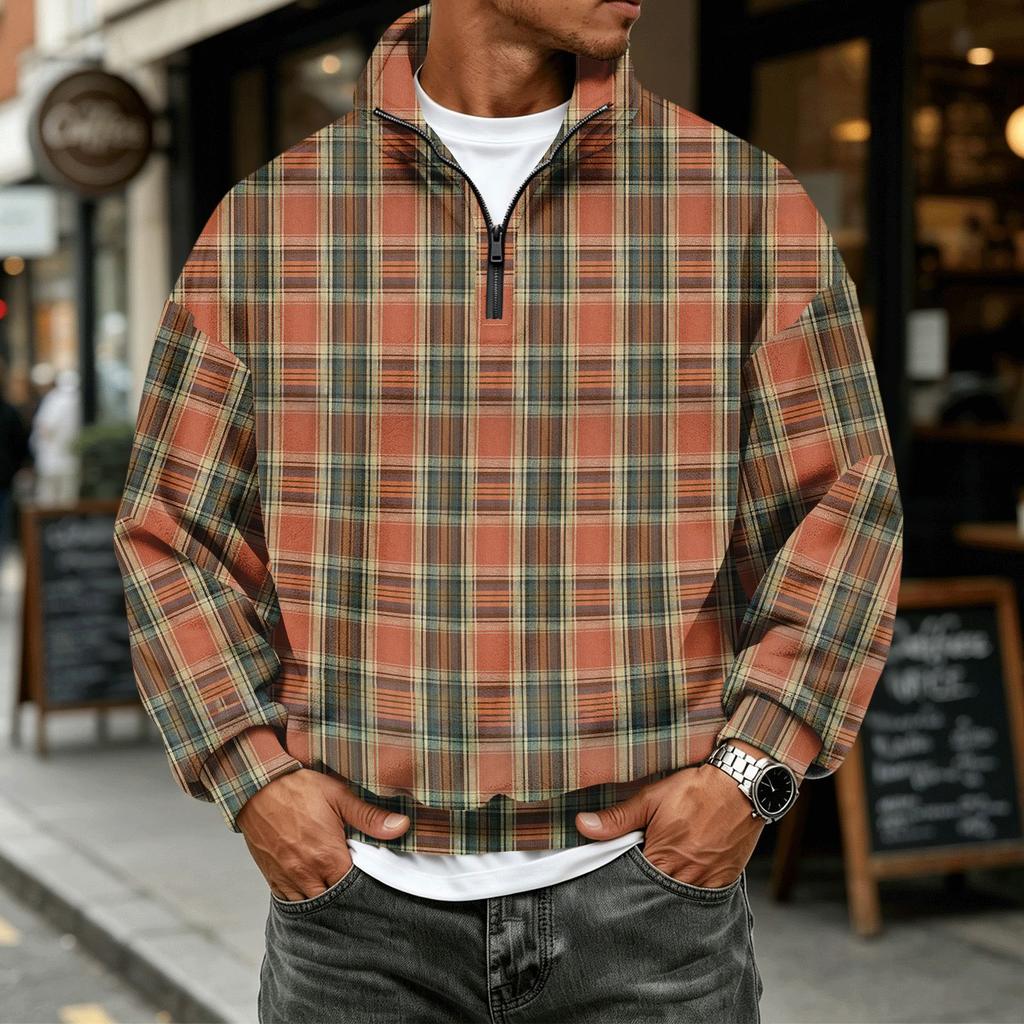 Men's Plaid Quarter-Zip Long Sleeve Flannel Sweatshirt Casual