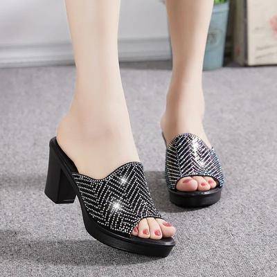 Fashion Slides Outside Black Shoes Rhenstone with Heel Women's Slippers and Ladies Sandals Jewels Crystals New Collection Original Pvc