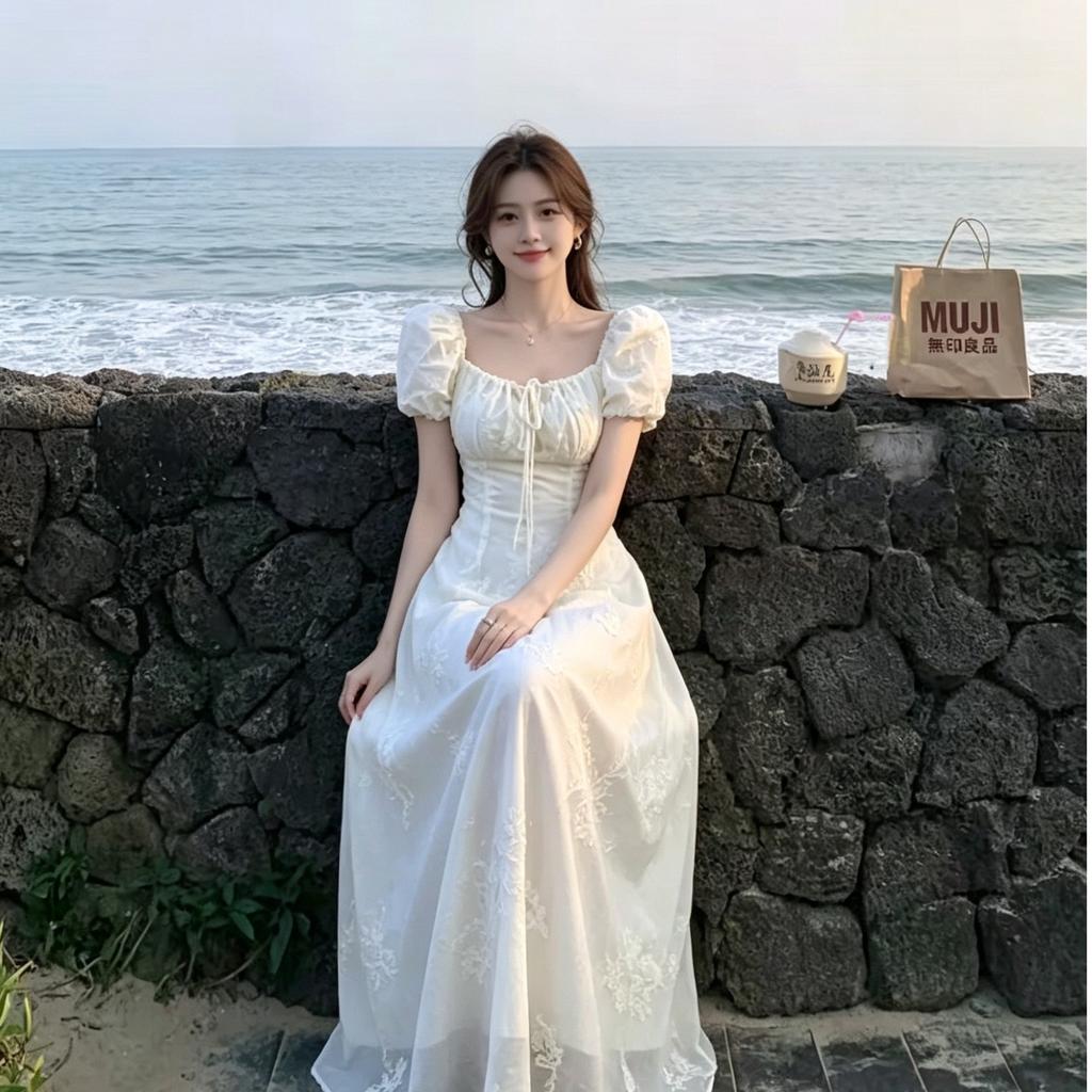 Square Neck Bubble Sleeve Waist Dress Women's Summer French Gentle Wind Embroidery Thin Long Temperament First Love Dress