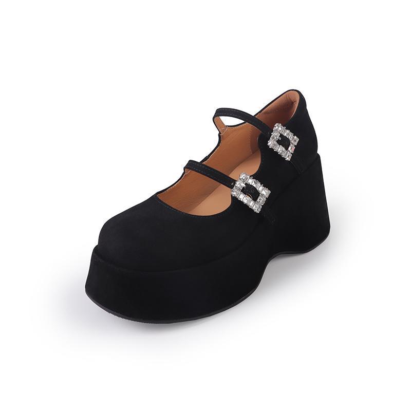 French niche simple double buckle with rhinestone Mary Jane shoes women's spring new thick-soled wedge heel round head fashion