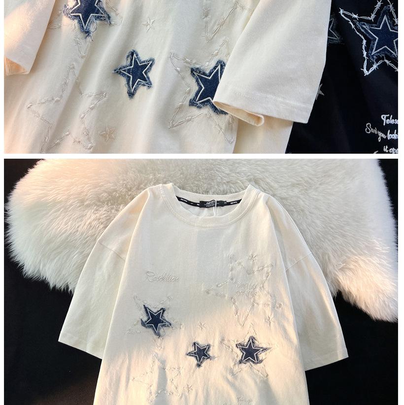 Unisex Embroidered Star Short-Sleeve T-Shirt, Pure Cotton, American Style, Trendy Loose Fit, Heavyweight Summer Tee