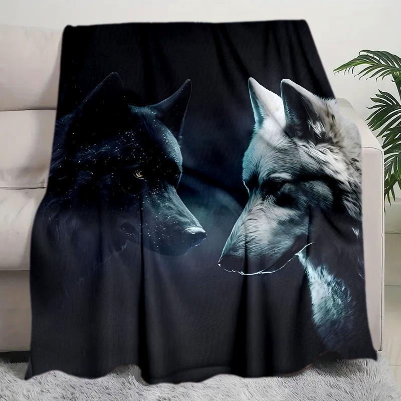 1PC Black White Wolf Contrast Plush Blanket Suitable All Seasons Soft Comfortable Sofa Office Outdoor Travel Home Use