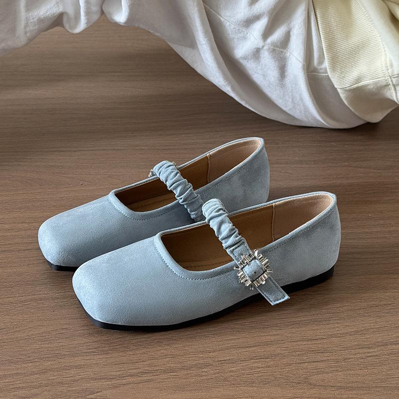 Fashion Comemore Spring Autumn Flat Single Shoes Suede Solid Square Head Mary Jane Shoe Rhinestone Buckle Temperament Flats Mocasines