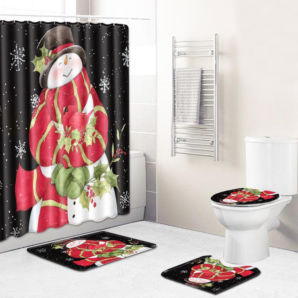 Christmas Shower Curtain Floor Mat Combination Four-Piece Set Bathroom Non-Slip Mat Toilet Absorbent Door Mat Carpet