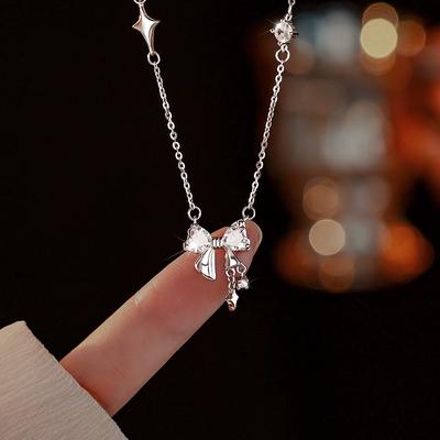 Collier en argent sterling S925 avec nœud pour femme, chaîne de clavicule légère et luxueuse