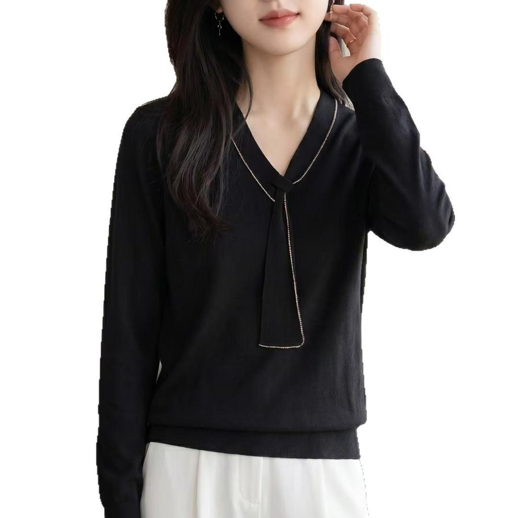 Autumn/Winter Fine Wool Silk V-Neck Knit Long Sleeve Loose Pullover Top