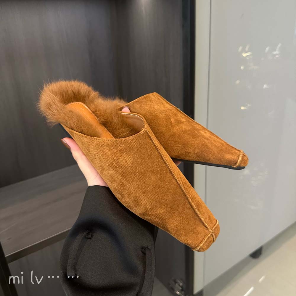 

fashion Round Toe Women Slides Slippers Flock Casual Mules Shoes Fur 2024 New Arrivals Brown Black Party Dress Shoes Woman Size 35-39 5.5 чёрный