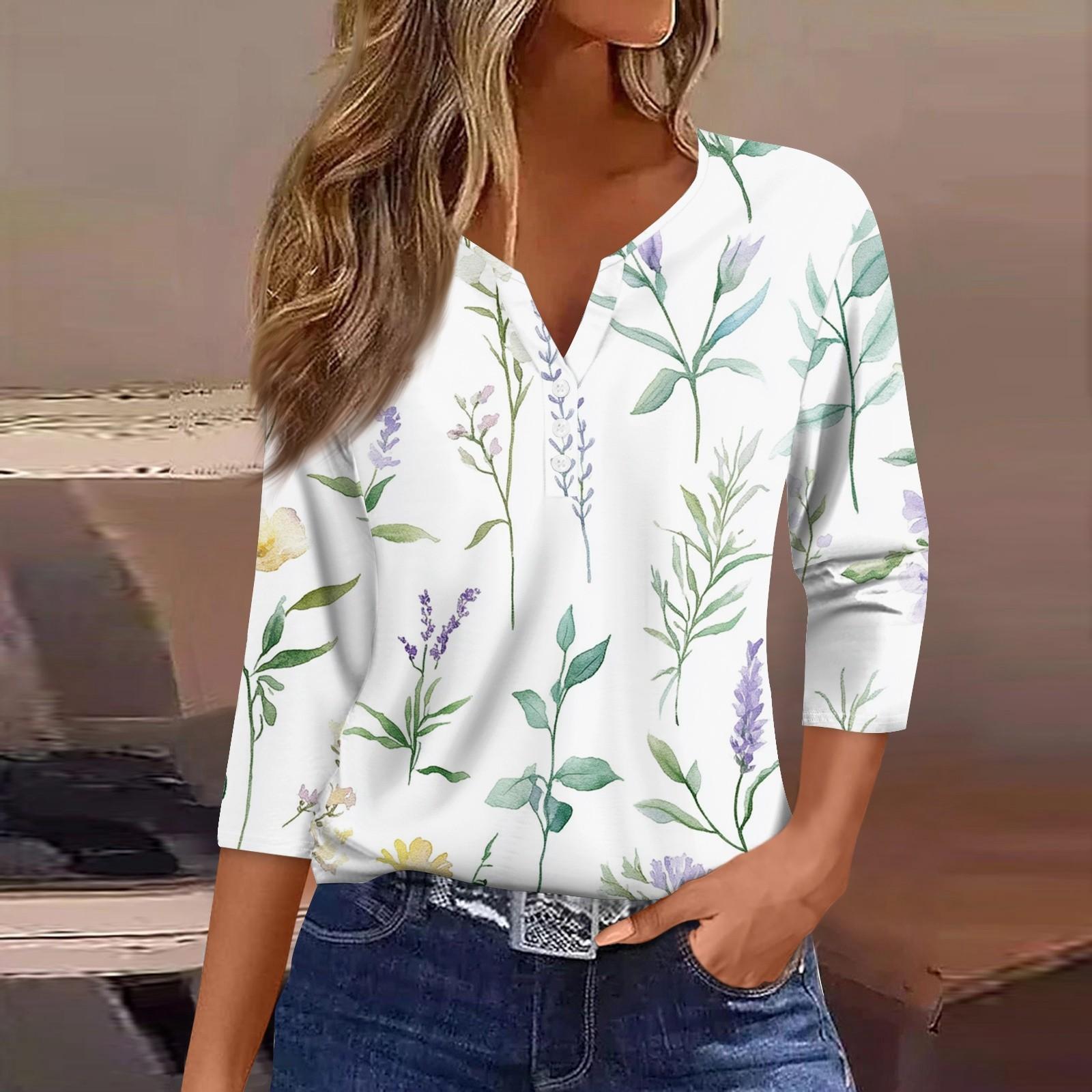 

Жен. Футболка Футболка С принтом Пуговицы Рукав 3/4 Повседневные Выходные Мода Классический Классический V-образный вырез Обычный Верх M белый