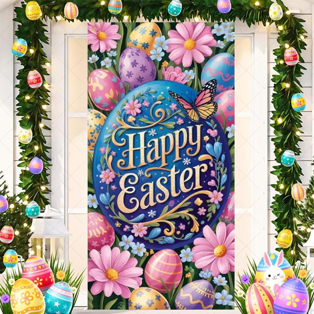Happy Easter Cute Bunny Door Cover Backdrop Spring Garden Floral Easter Egg Background Easter Party Decoration Photo Shoot Props