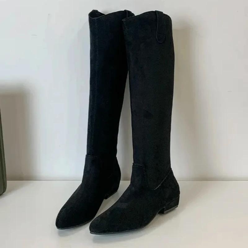 Women's High Boots Pointed Toe Square Heel Suede Roman Style Brown Knee-high Boots Women's Casual Low Heel Versatile Botas Mujer