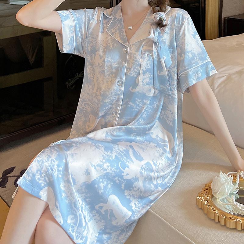 Smudged Ice Silk Pajamas Summer Thin Cardigan Short-Sleeved Medium And Long Pajamas Can Be Worn Outside Loungewear