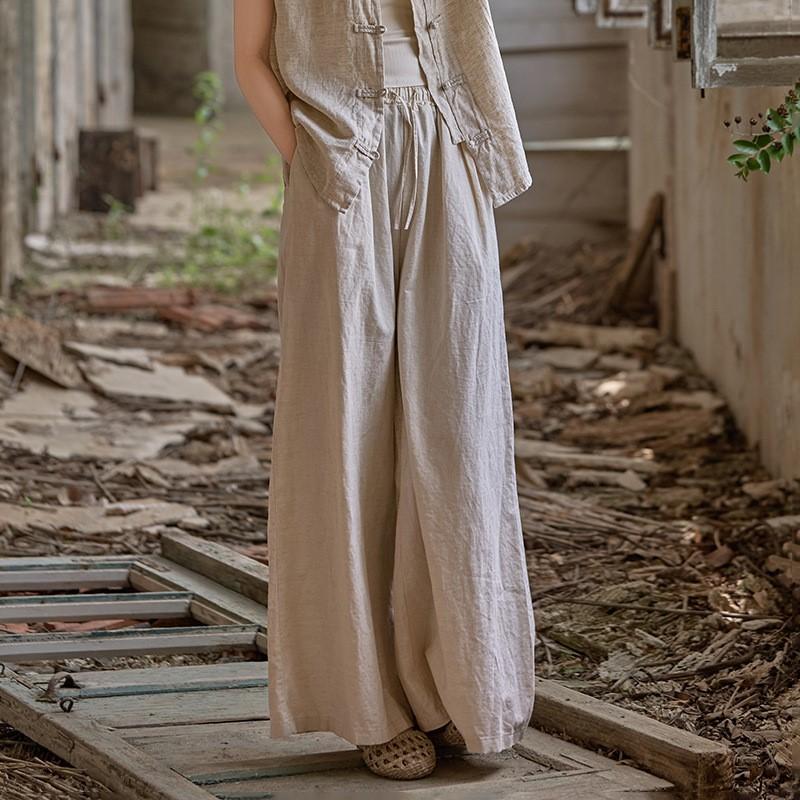 Johnature Women Vintage Thin Straight Pants Elastic Waist Solid Color Summer Trousers Loose Casual Long Pants