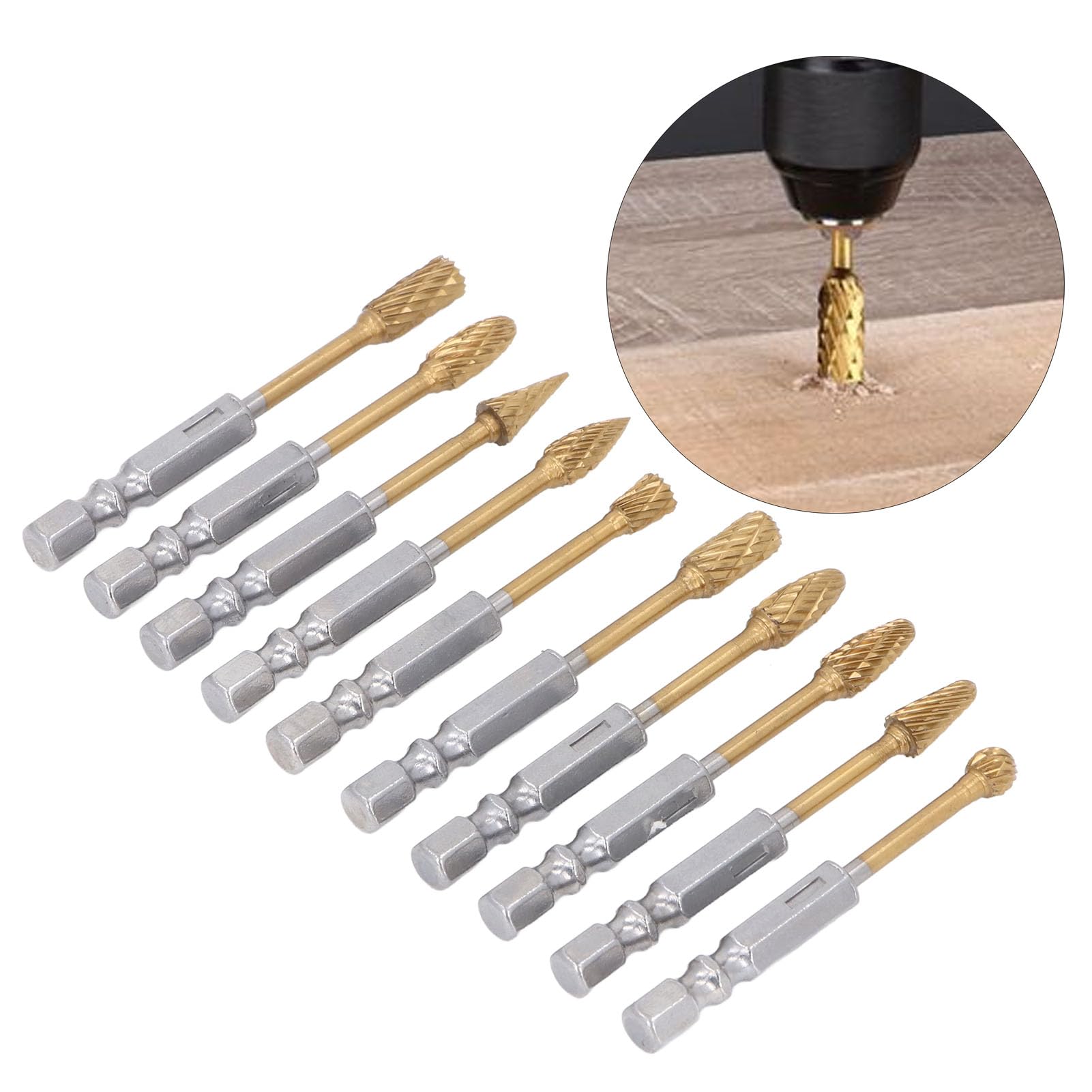 

Набір з 10 штук твердосплавних фрез подвійної насічки для різьблення по дереву, полірування, шліфувальні біти з шестигранним хвостовиком Type A