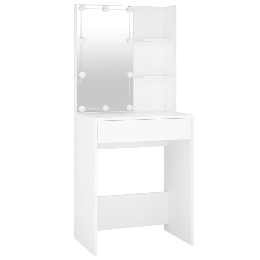 LED Makeup Table with 2 Cabinets White Wood Based Material