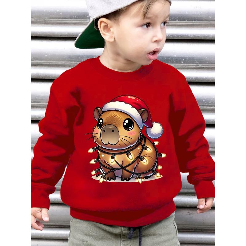 Kids Sweatshirt Christmas-Themed Boys  Autumn And Winter Stylish Fleece Round-Neck Sweatshirt Featuring a Loose-Fit Cartoon Capybara Design 110 красный