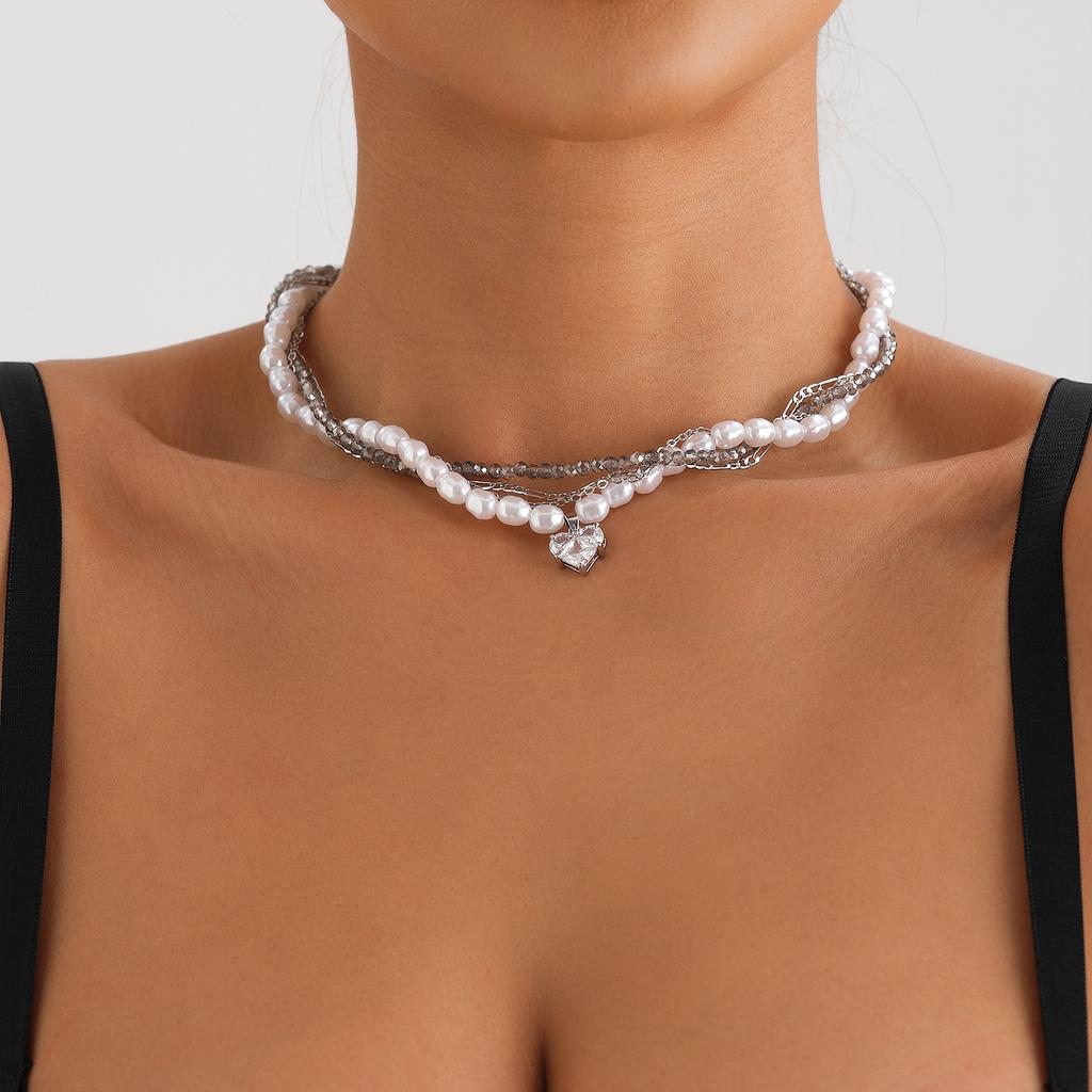 Jewelry Pearl Crystal Zircon Love Pendant Clavicle Chain Light Luxury Winding Multi-Layer Necklace Women
