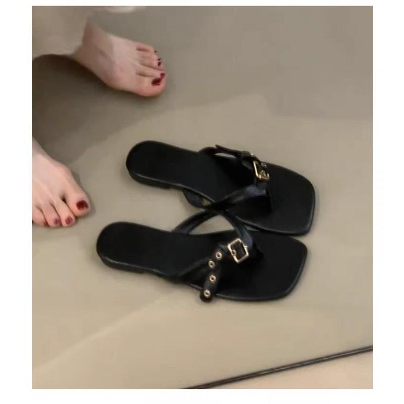 Design Belt Buckle Flat-bottomed Black Sandals Women's Summer Casual One-pedal Soft-soled Toe Flip-flops Shoes