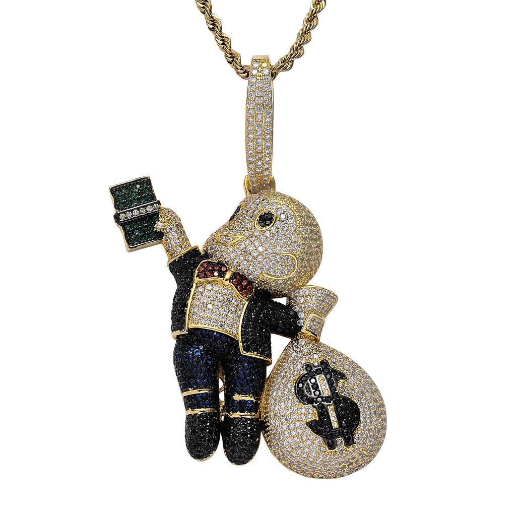 European and American Hip Hop Pendant Hand Held US Dollar Bill Bald Little Boy Beautiful Money Bag Micro Inlaid Colorful Zircon Necklace