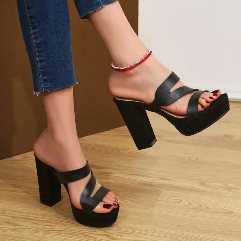 Fashion Women High Heels Party Shoes Chunky Sandalias De Mujer Summer Cross Sexy Pumps Casual Rome Women Shoes Slipper Mujer Zapatos