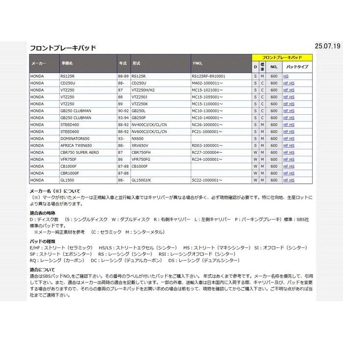 KITACO SBS Brake Pads 600HS Sintered Metal VTZ250, GB250 Clubman, Steed 400, 777-0600020