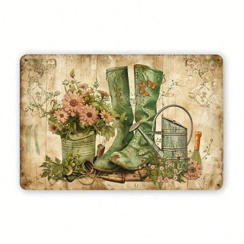 Vintage Metal Tin Sign, Garden Tools with Rubber Boots, 8x12 Inch Wall Decor for Gardeners