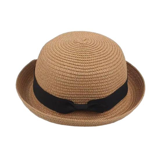 Parent-child Beach Hat Dome Curved Brim UV Protection Hat Handwoven Summer Outdoor Straw Hat with Black Satin Ribbon Bow