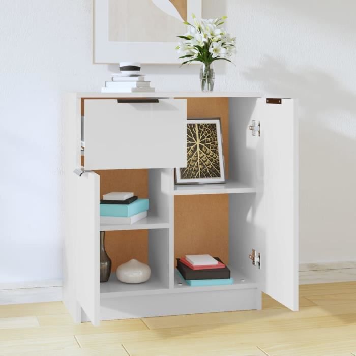 Low Buffet - White - 60x30x70 Cm - Engineered Wood - 4 Doors - Scandinavian Style