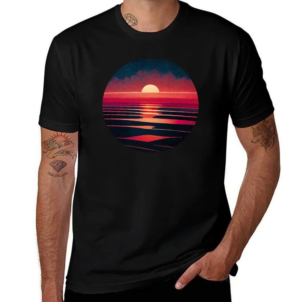 80s Synthwave Sunset Red Sea Vintage Meditative Art Tshirt Quick Dry Fishing Tshirt