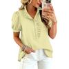 Women Ruffle V Neck Blouse Short Sleeve Casual Loose Fit Solid Top with Button Front and Puff Sleeves for Daily Wear