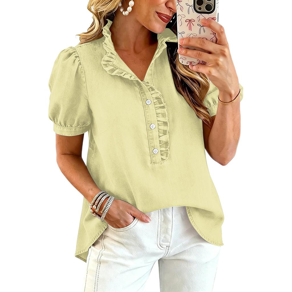 Women Ruffle V Neck Blouse Short Sleeve Casual Loose Fit Solid Top with Button Front and Puff Sleeves for Daily Wear