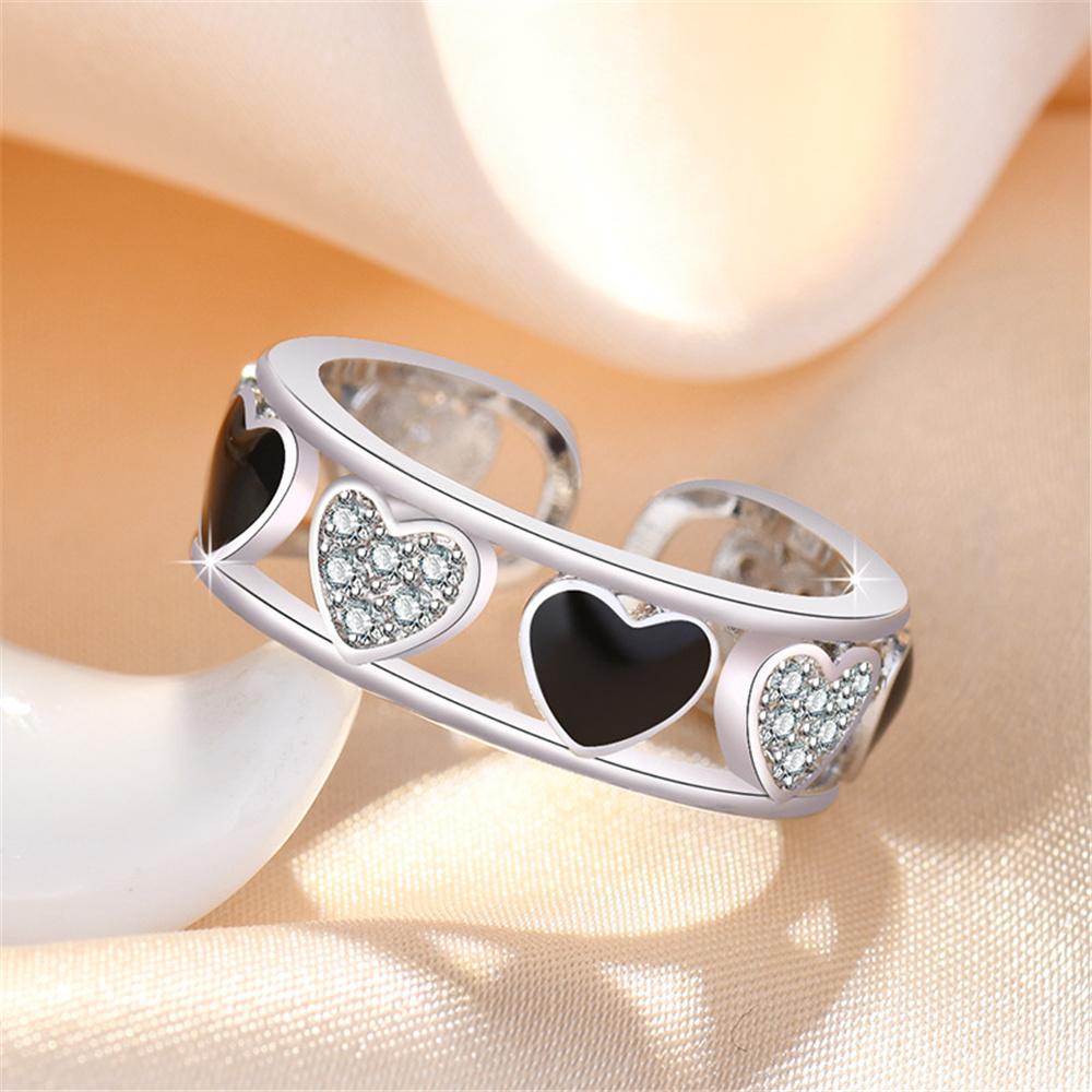 Elegant Female White Zircon Black Stone Heart Adjustable Open Ring Vintage Rose Gold Silver Color Wedding Jewelry For Women