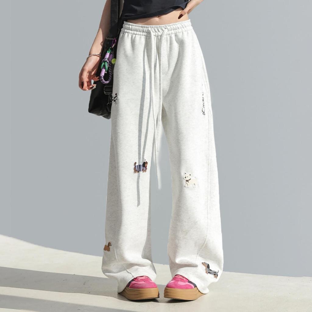 Damen Modische Bestickte Elastische Taille Tasche Locker Weites Bein Lässige Jogginghose