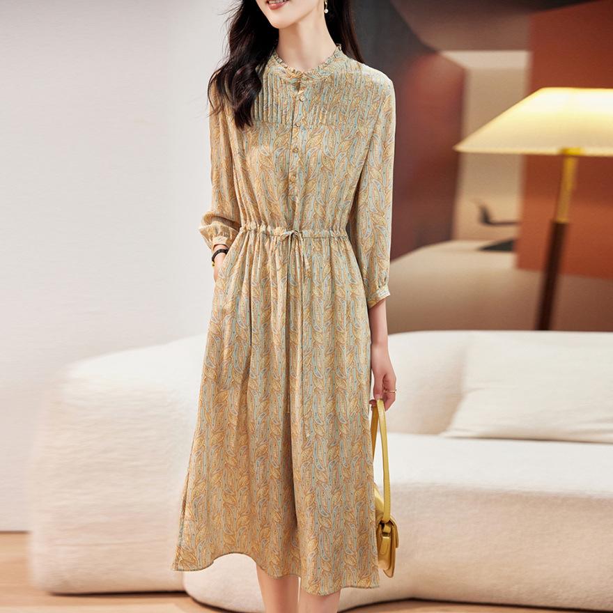 

Модное шелковое платье с принтом средней длины летнее новое с рукавом три четверти, приталенное, юбка из тутового шелка 3XL