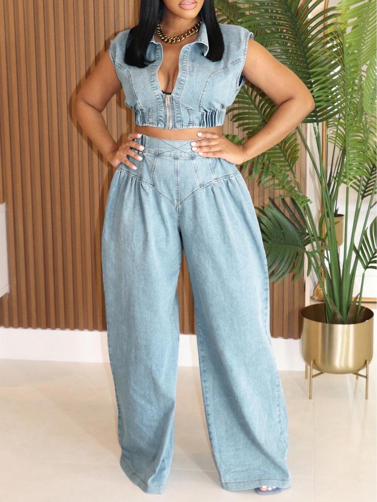 European and American Women's Sleeveless Denim Jeans Two-Piece Suit - Sexy, Loose, Straight Leg Summer Outfit