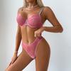 Women Sexy Pink Eyelash Lace Sheer Lingerie Set With Push Up Bra
