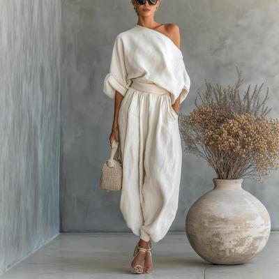 Spring 2026 European Casual Loose Cotton Linen Set: Wide-Leg Lantern Pants & Top