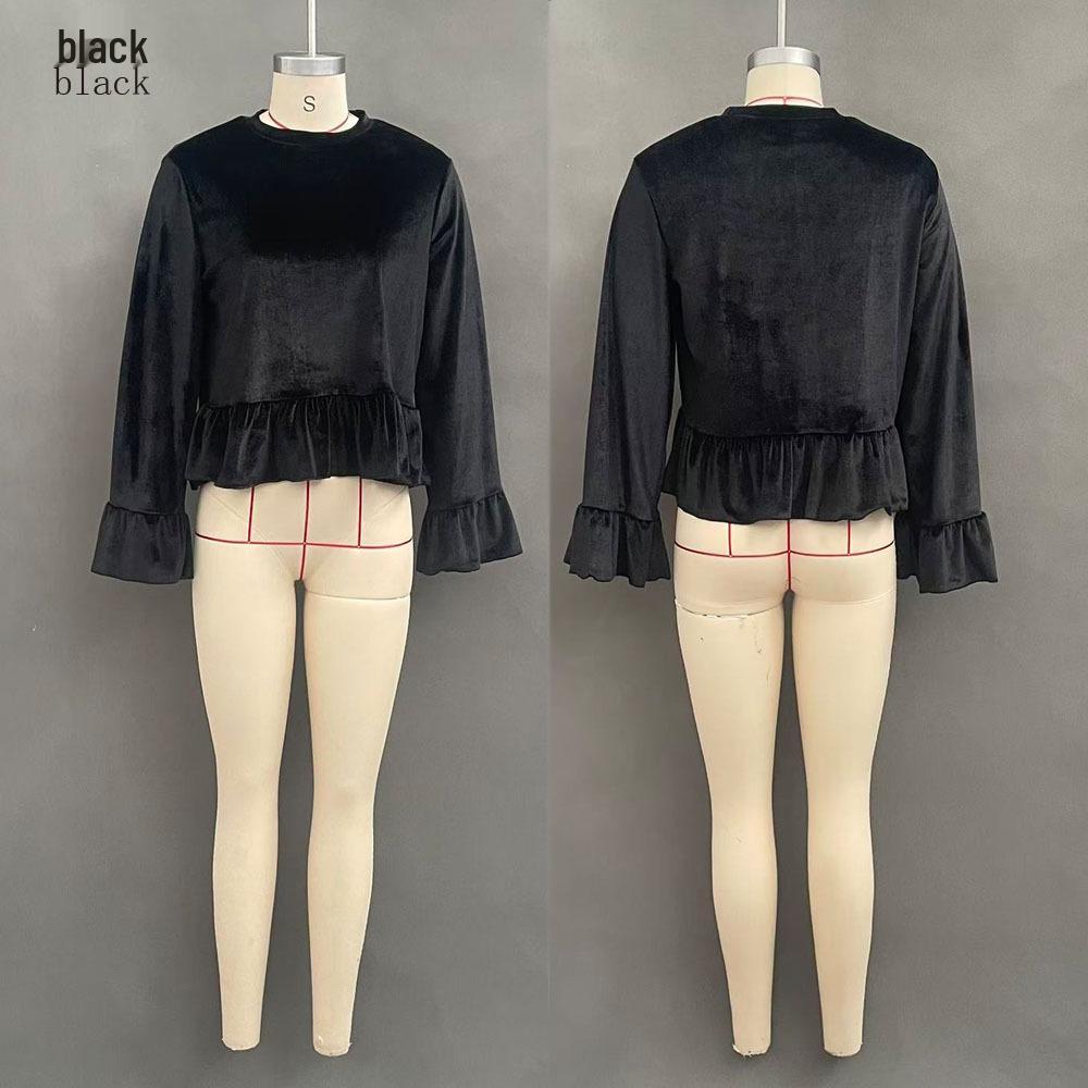 European & American Style Women's Velvet Ruffle Hoodie - Long Sleeve Solid Color Round Neck Plush Top