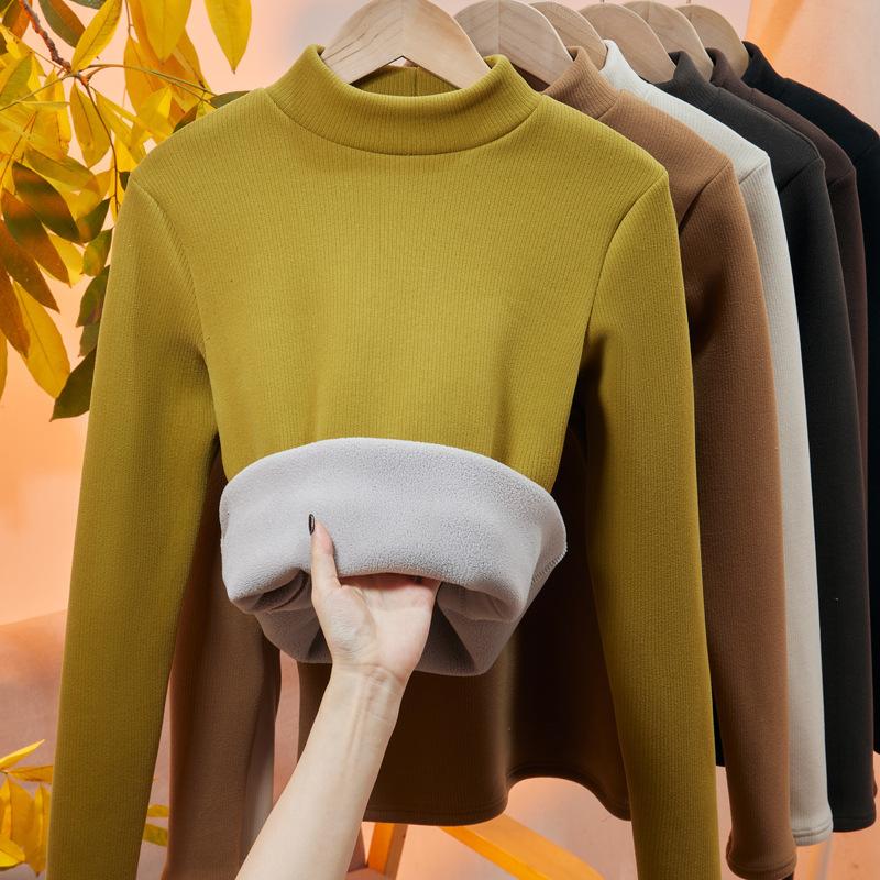 Herbst Winter Hoher Kragen Einfarbig Unterteilter Pullover Top Damen Langarm Lässig Mode Samt Warmes T-Shirt Tee