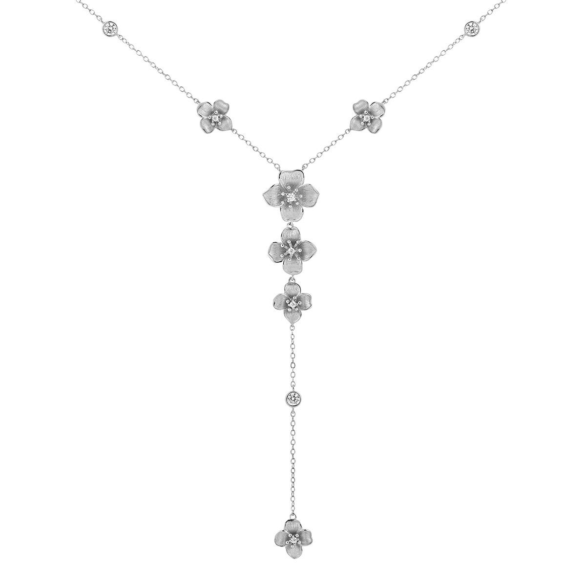 Fine Jewelry Zircon Flower Necklace 925 Sterling Silver CZ Flower Tassel Necklace Rhodium Plated Long Necklace Women 45cm