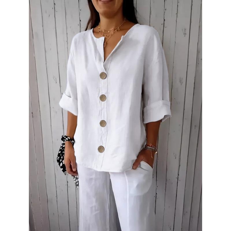 European American New Summer Loose T-shirts for Women V-neck Cotton Linen Button Tops