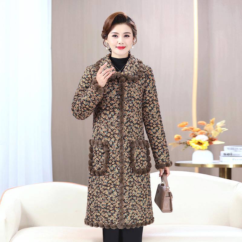 

Floral Plaid Pom-Pom Long Cotton Padded Jacket for Middle-Aged and Elderly Women - Plus Size XL