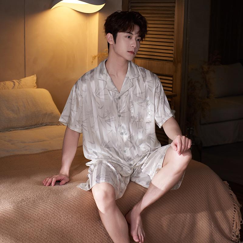 Pajamas men's ice silk summer short-sleeved shorts jacquard high-end simulation silk casual and comfortable men's loungewear suit