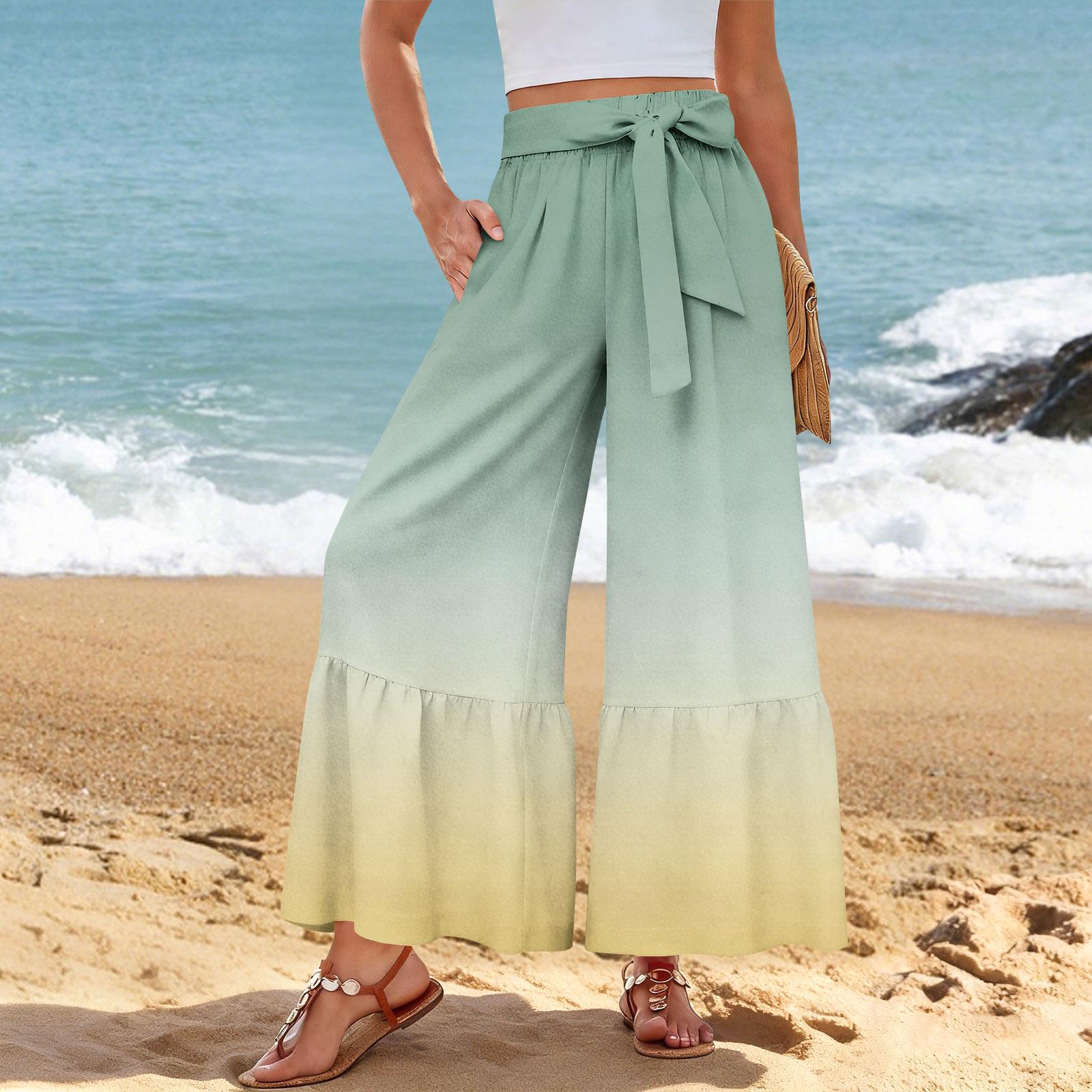 

Women s Wide-Leg Casual Pants, Stretch, High Waist, Ruffled Hem, Wide Legs, Belted, And Pockets M