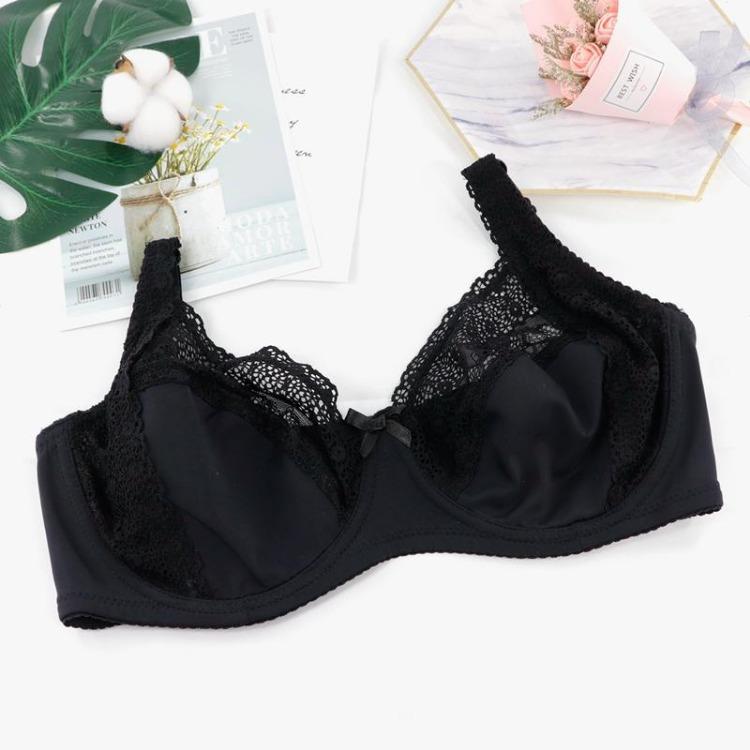 French Floral Design Plus Size Women's Full Coverage Bra Thin Breathable Single Layer Lace Underwear with Steel Support