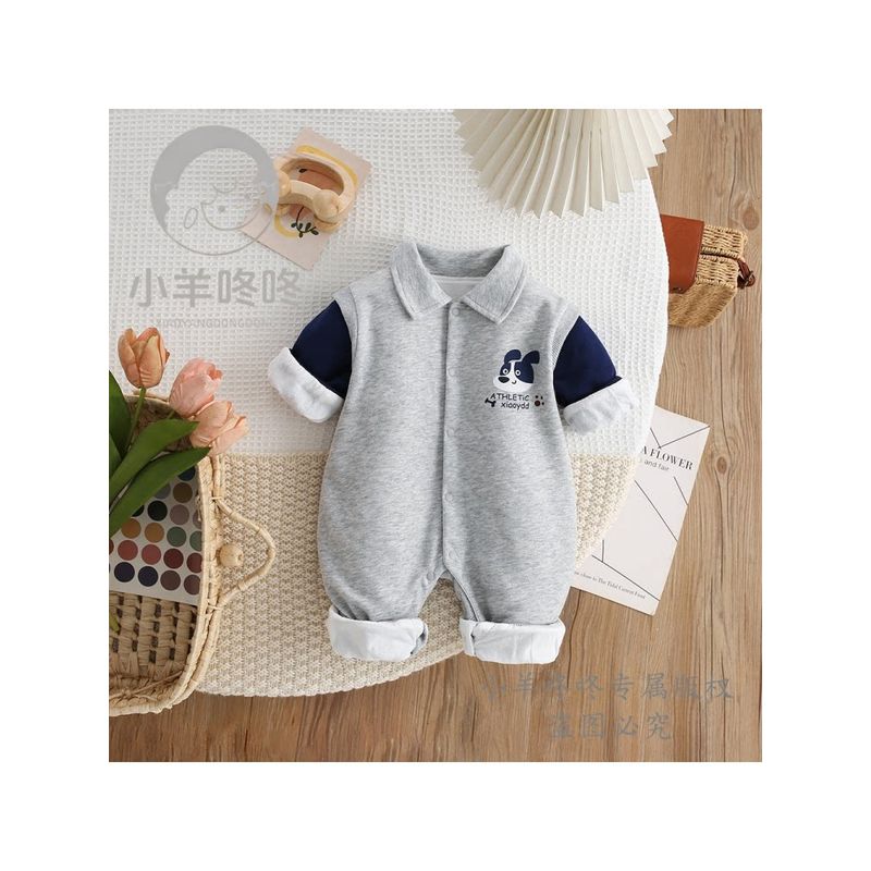 Spring and Autumn Style Gray-Blue Infant Long-Sleeve Turn-Down Collar Fashion Double-Layer Cartoon Korean-Style Romper for Boys and Girls