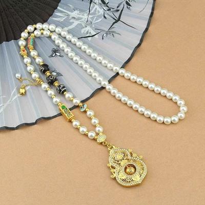 New Chinese Antique Lotus Flower Gold Gourd Imitation Pearl Necklace Exquisite National Style Long Sweater Chain Light Luxury Jewelry