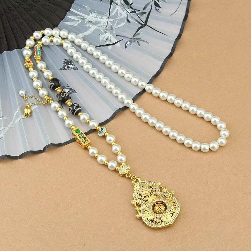 New Chinese antique lotus flower gold gourd imitation pearl necklace exquisite national style long sweater chain light luxury jewelry